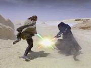 Qui-Gon Jinn battles Darth Maul on Tatooine.