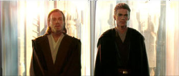 Jedi Knight Obi-Wan Kenobi (left) and his padawan, Anakin Skywalker (right), as seen in Attack of the Clones.